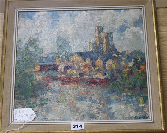 Clifford Cundy, oil on board, cathedral viewed from the river, signed 30 x 33cm